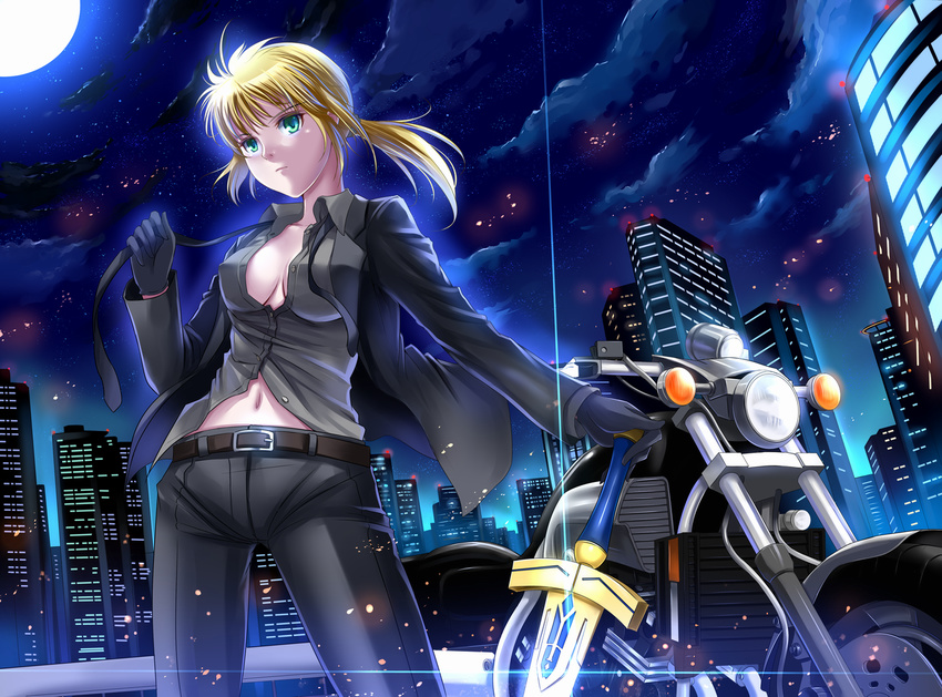 artoria_pendragon_(all) belt blonde_hair breasts city cleavage excalibur fate/zero fate_(series) formal gloves green_eyes ground_vehicle medium_breasts motor_vehicle motorcycle navel necktie open_clothes open_shirt ponytail saber shirt solo suit windtalker yamaha_v-max