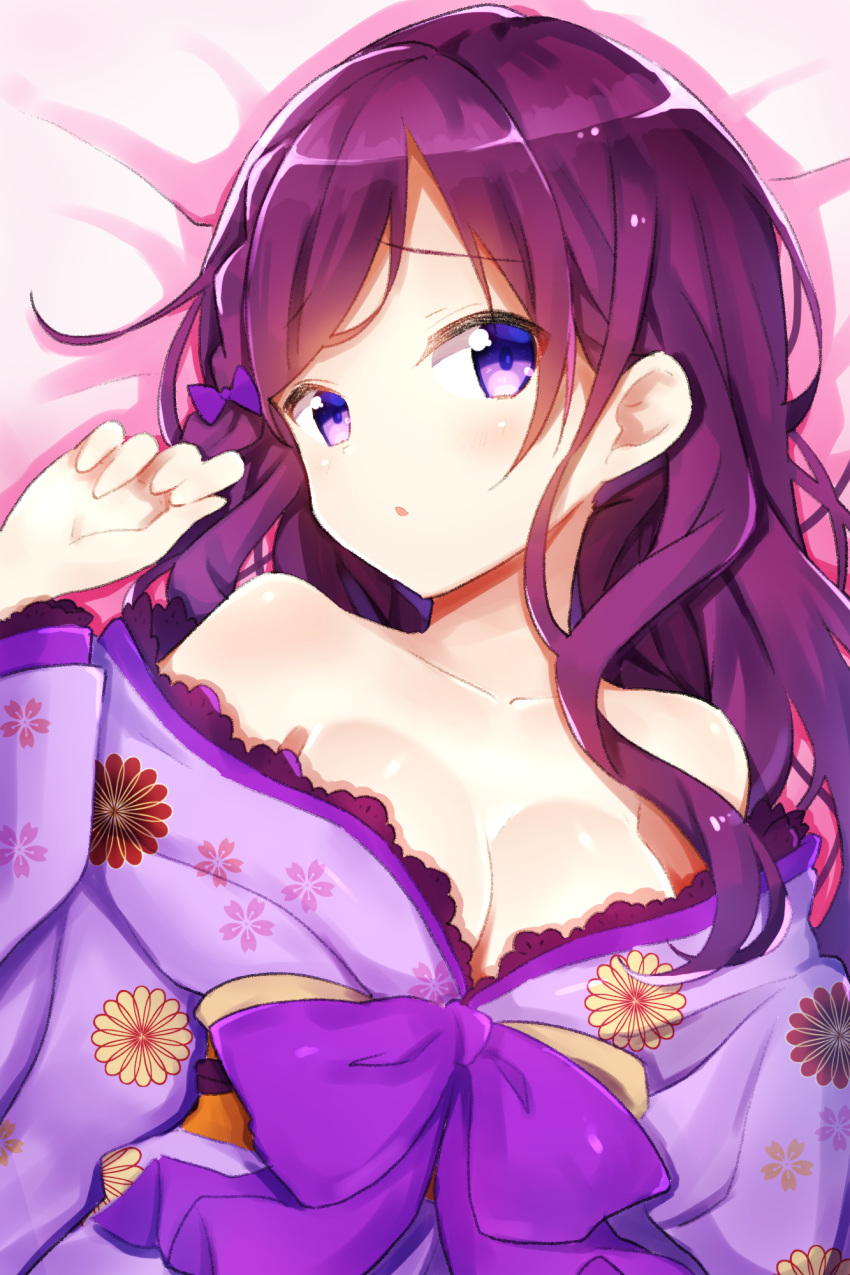 1girl bare_shoulders bed_sheet blush bow breasts cleavage collarbone commentary_request floral_print gochuumon_wa_usagi_desu_ka? hair_bow hand_up highres japanese_clothes kimono long_hair looking_at_viewer lying medium_breasts nanakusa_amane obi off_shoulder on_back parted_lips print_kimono purple_bow purple_eyes purple_hair purple_kimono sash solo tedeza_rize upper_body very_long_hair
