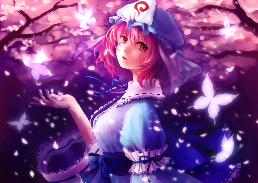arm_garter arm_ribbon bangs blue_bow blue_dress blue_kimono blue_ribbon bow branch breasts bug butterfly cherry_blossoms dress frilled_shirt_collar frills from_side glowing hair_between_eyes hand_up hat head_tilt highres insect japanese_clothes kimono lips looking_at_viewer looking_to_the_side medium_breasts mob_cap neck_ribbon nora_(le-chat-noir) obi parted_lips petals pink_eyes pink_hair ribbon ribbon_trim saigyouji_yuyuko sash short_hair solo touhou tree triangular_headpiece upper_body veil wide_sleeves