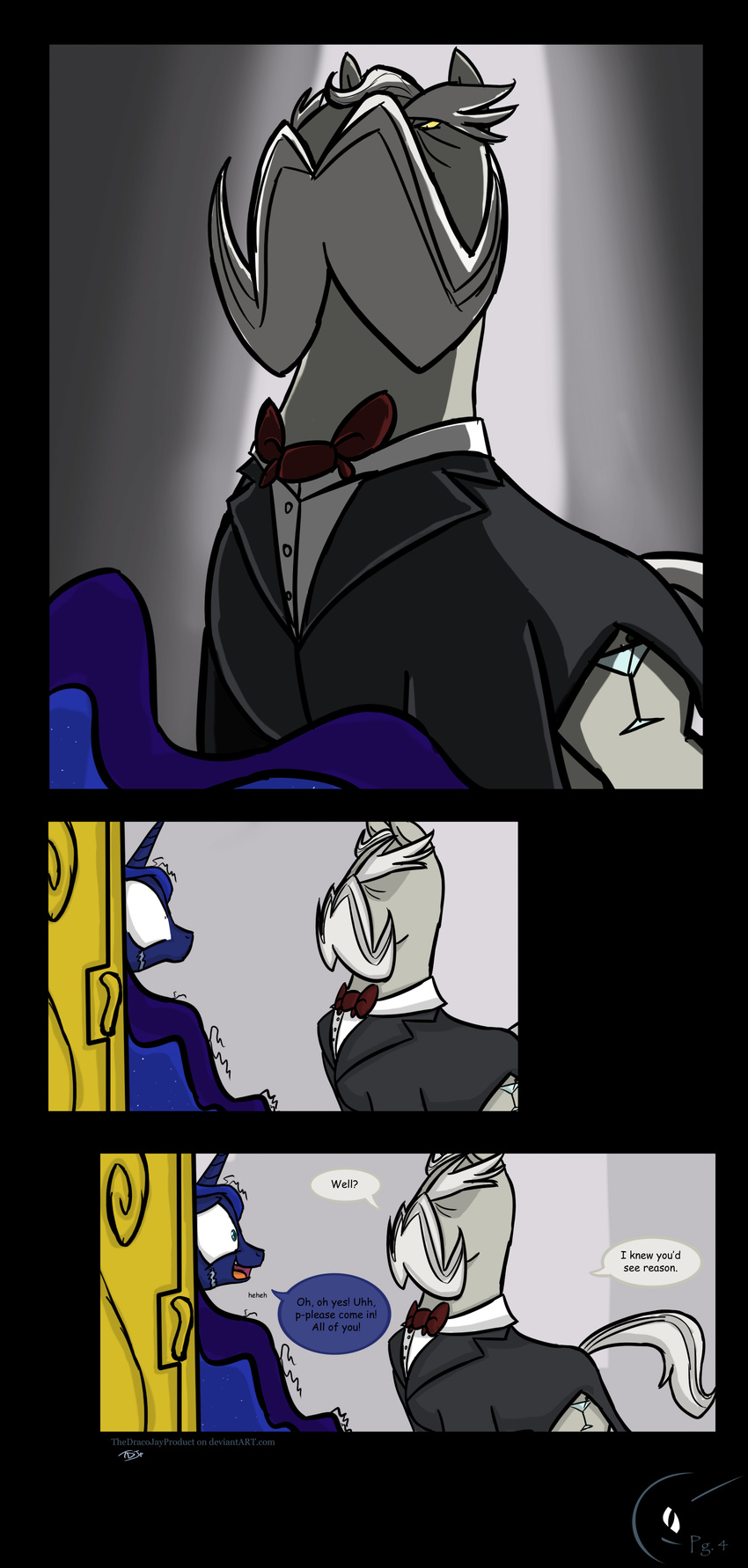 blue_hair butler comic cutie_mark dialog dialogue door english_text equine facial_hair female feral friendship_is_magic hair horn horse long_hair male mammal mustache my_little_pony palace pony princess_luna_(mlp) tears text thedracojayproduct winged_unicorn wings
