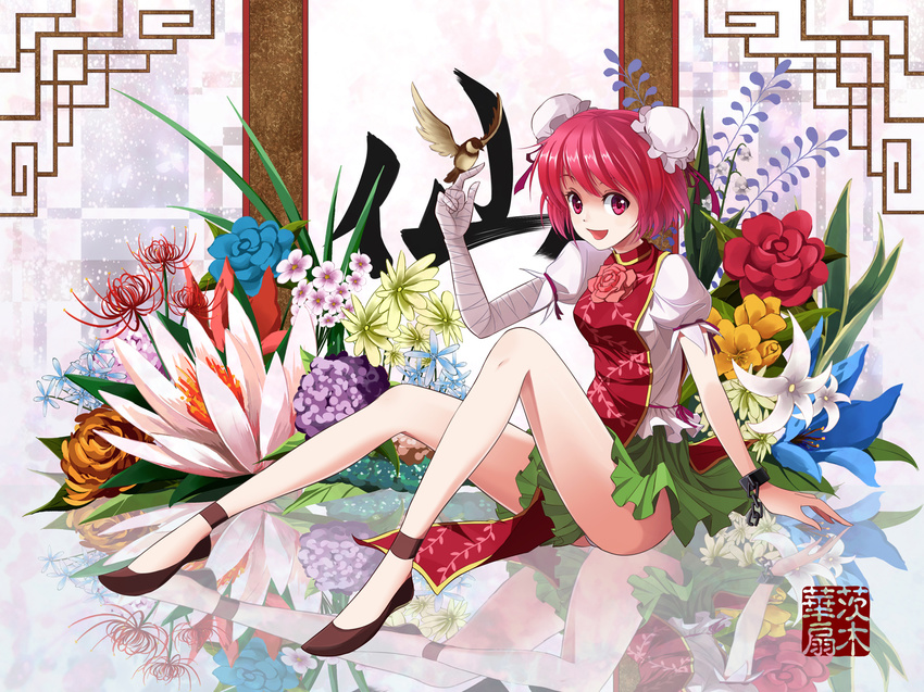 bandages bird blue_flower blue_rose chain cuffs double_bun flower ibaraki_kasen open_mouth panties pantyshot pantyshot_(sitting) pink_hair red_eyes rose shackles shinebell short_hair sitting skirt smile solo tabard touhou underwear white_panties