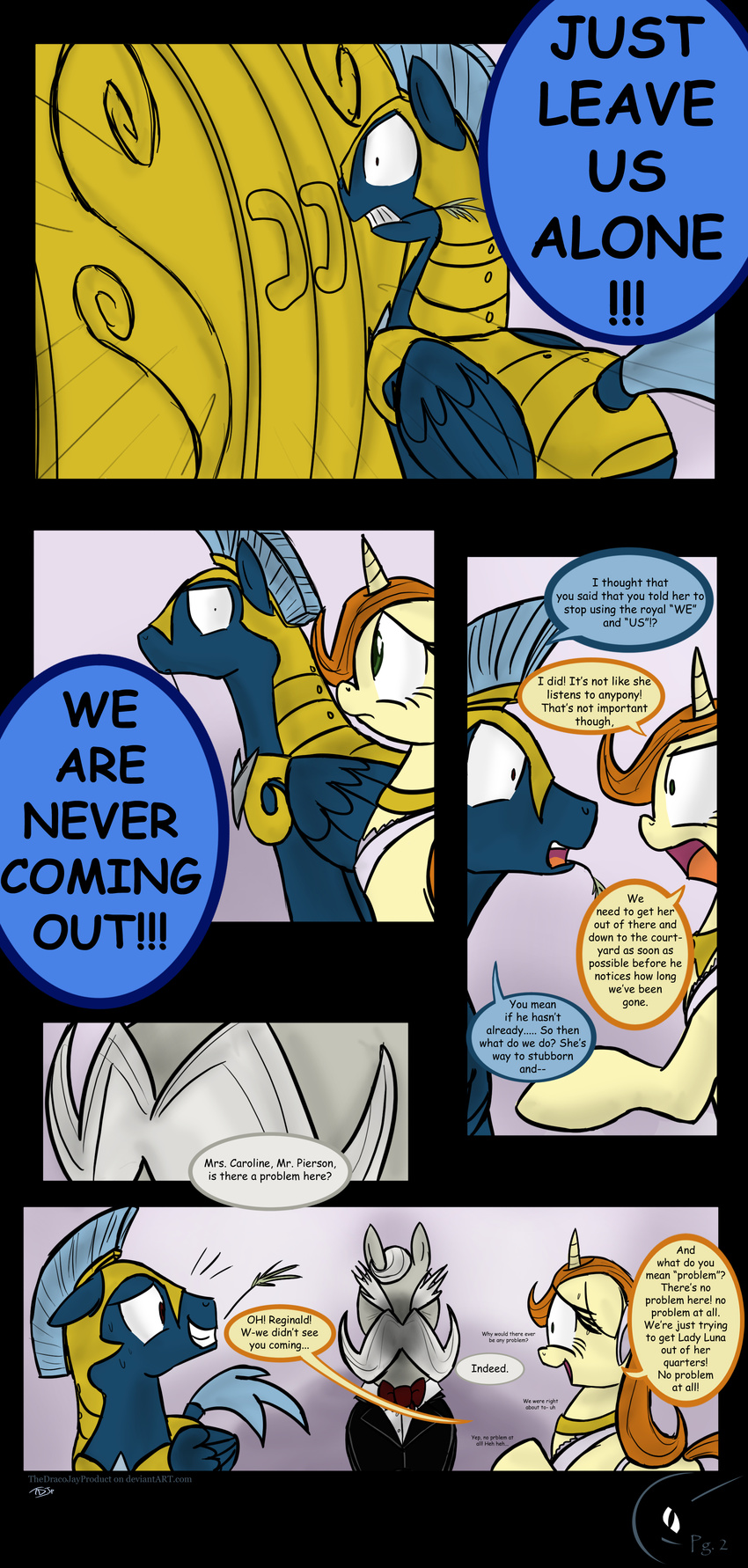 armor butler comic cutie_mark dialog dialogue door english_text equine facial_hair female feral friendship_is_magic group hair horn horse mammal mustache my_little_pony palace pegasi_guard_(mlp) pegasus pony royal_guard_(mlp) text thedracojayproduct unicorn wings