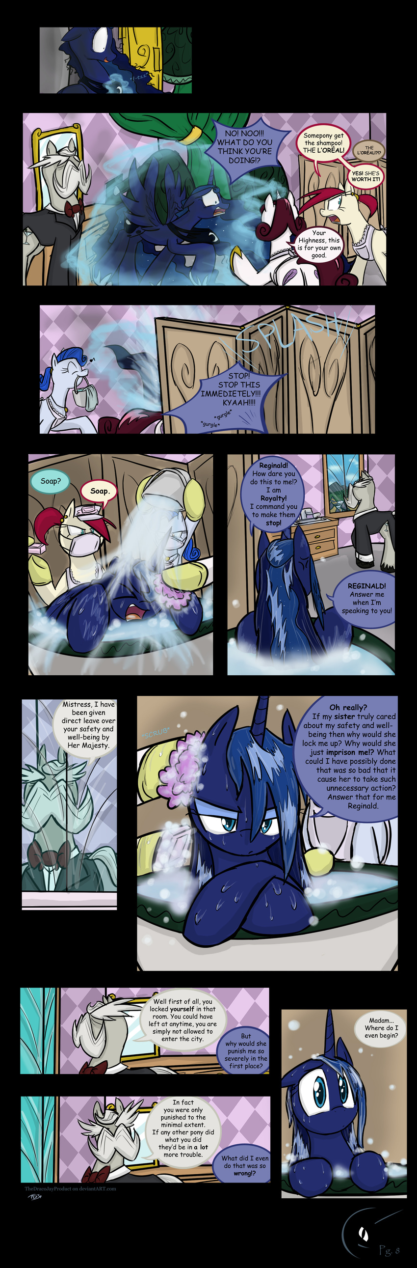bath blue_hair butler comic cutie_mark dialog dialogue door english_text equine facial_hair female feral friendship_is_magic hair horn horse long_hair male mammal mustache my_little_pony palace pony princess_luna_(mlp) text thedracojayproduct water wet_hair winged_unicorn wings