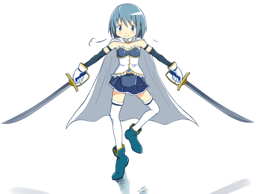 armband blue_eyes blue_hair cape dual_wielding gloves hair_ornament hairclip holding magical_girl mahou_shoujo_madoka_magica miki_sayaka shuuji_(shumi) smile solo soul_gem standing standing_on_one_leg sword thighhighs weapon white_background zettai_ryouiki