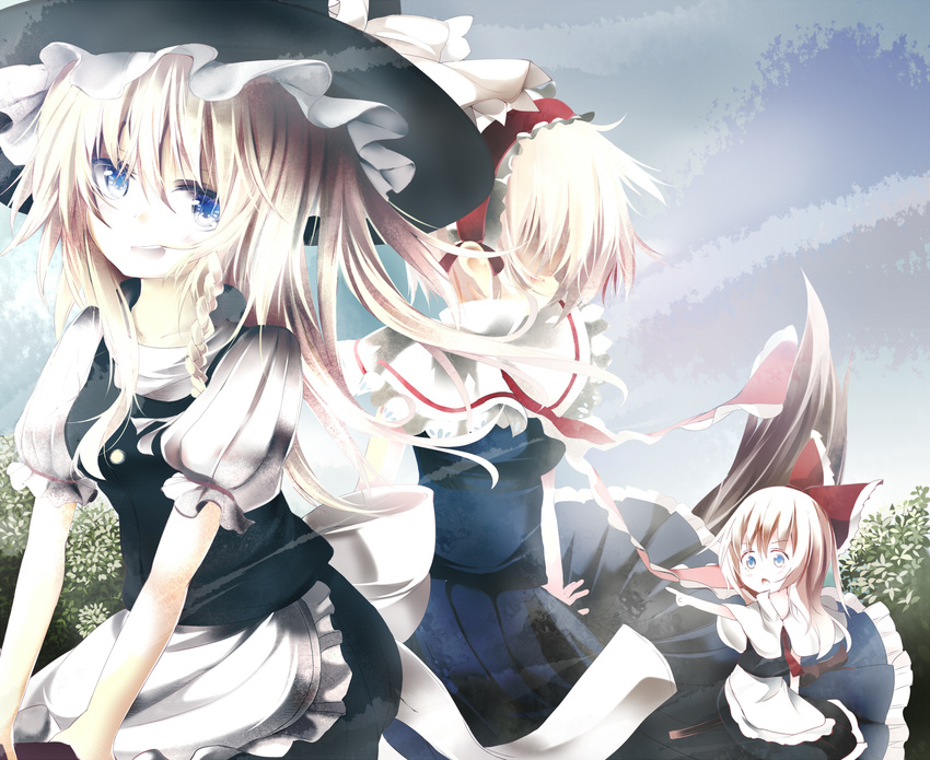 alice_margatroid apron blonde_hair blue_eyes bow braid broom broom_riding capelet doll hair_bow hair_ribbon hairband hat highres kirisame_marisa long_hair looking_back multiple_girls open_mouth pointing ribbon shanghai_doll shirt short_hair skirt skirt_set touhou umagenzin vest waist_apron witch witch_hat