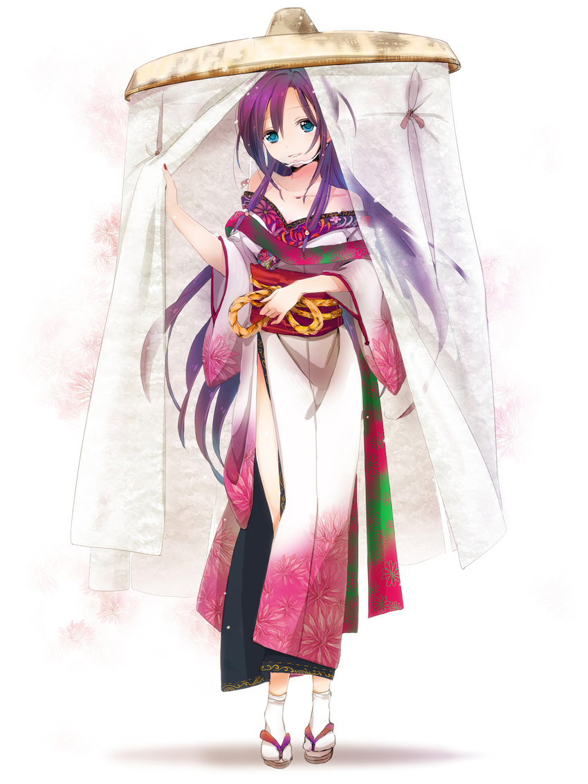 bad_id bad_pixiv_id bare_shoulders blue_eyes body_blush breasts collarbone floral_print highres ichimegasa japanese_clothes kimono light_particles long_hair medium_breasts nail_polish off_shoulder original parted_lips purple_hair side_slit simple_background solo standing tabi tanedahiwa_(carduelini) veil white_background