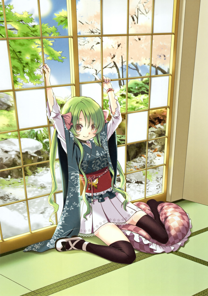 absurdres aoki_ume bow bracelet brown_eyes copyright_request frilled_pillow frills green_hair hair_bow highres jewelry leaning lolita_fashion nail_polish pillow shoes single_shoe sitting skirt sliding_doors smile tatami thighhighs tree twintails wa_lolita wariza