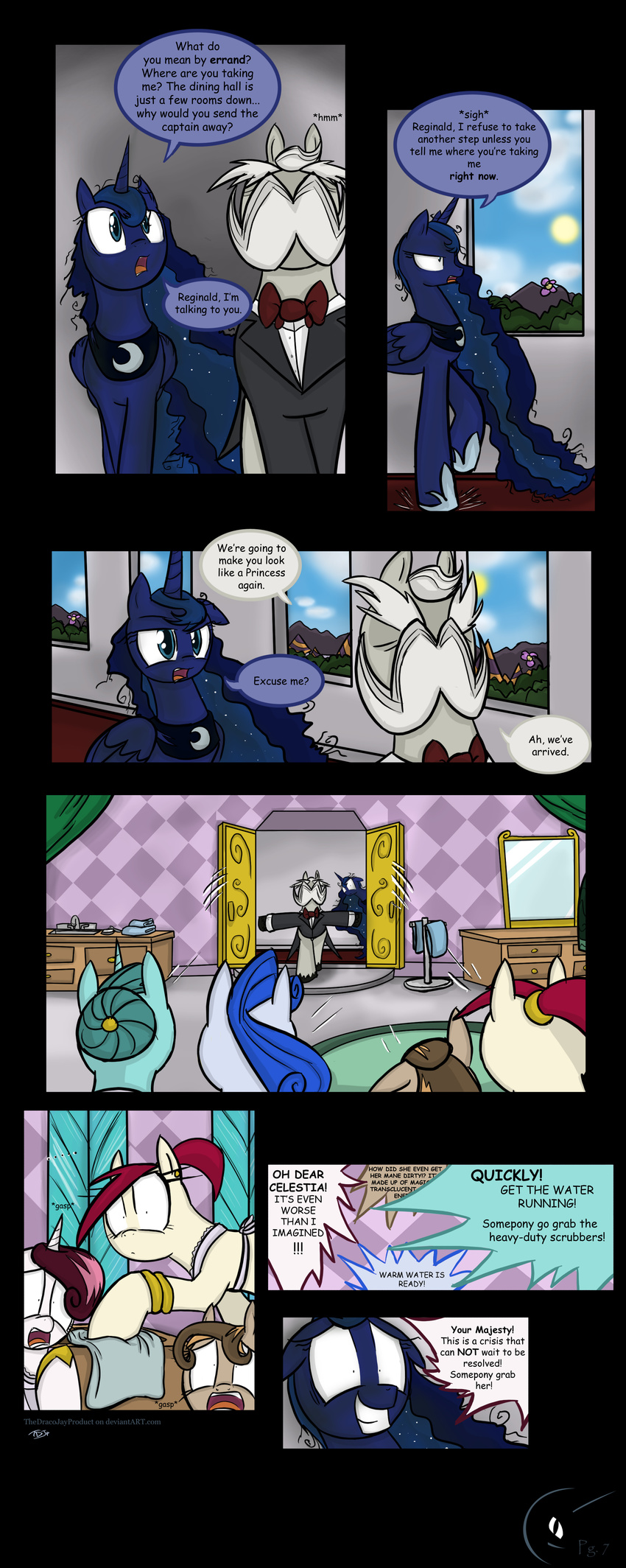 blue_hair butler comic cutie_mark dialog dialogue door english_text equine facial_hair female feral friendship_is_magic hair horn horse long_hair male mammal mustache my_little_pony palace pony princess_luna_(mlp) text thedracojayproduct winged_unicorn wings