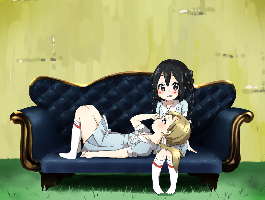 black_hair blonde_hair blue_eyes braid brown_eyes couch dress highres k-on! k-on!_movie kotobuki_tsumugi lap_pillow long_hair multiple_girls nakano_azusa poruka singing! twin_braids