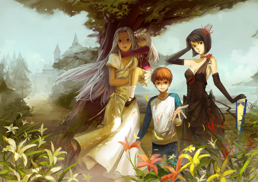 3girls avalon_(fate/stay_night) black_eyes black_hair bob_cut brother_and_sister brown_eyes dress elbow_gloves emiya_shirou fate/stay_night fate/zero fate_(series) flower gloves hair_flower hair_ornament hisau_maiya illyasviel_von_einzbern irisviel_von_einzbern jeanex lily_(flower) long_hair mother_and_daughter mother_and_son multiple_girls raglan_sleeves red_eyes red_hair short_hair siblings silver_hair spider_lily tree white_hair younger