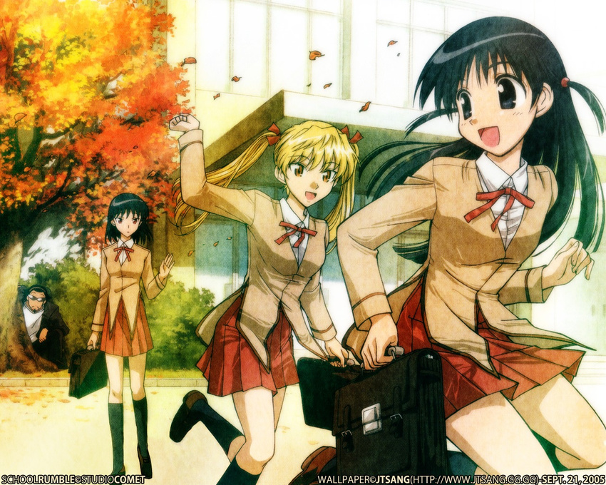 3girls artist_request autumn bag blonde_hair harima_kenji leaf multiple_girls sawachika_eri school_bag school_rumble school_uniform short_twintails tsukamoto_tenma tsukamoto_yakumo twintails wallpaper