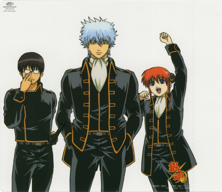 2boys :d adjusting_eyewear artist_request black_hair clenched_hand formal gintama glasses hidden_eyes highres kagura_(gintama) long_sleeves looking_at_viewer multiple_boys opaque_glasses open_mouth pants raised_fist sakata_gintoki scan shimura_shinpachi silver_hair smile spiked_hair suit