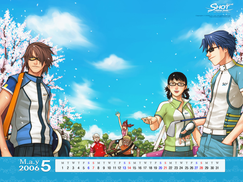 4boys cherry_blossoms day everyone fingerless_gloves gloves golf highres jacket male_focus multiple_boys multiple_girls sky sunglasses