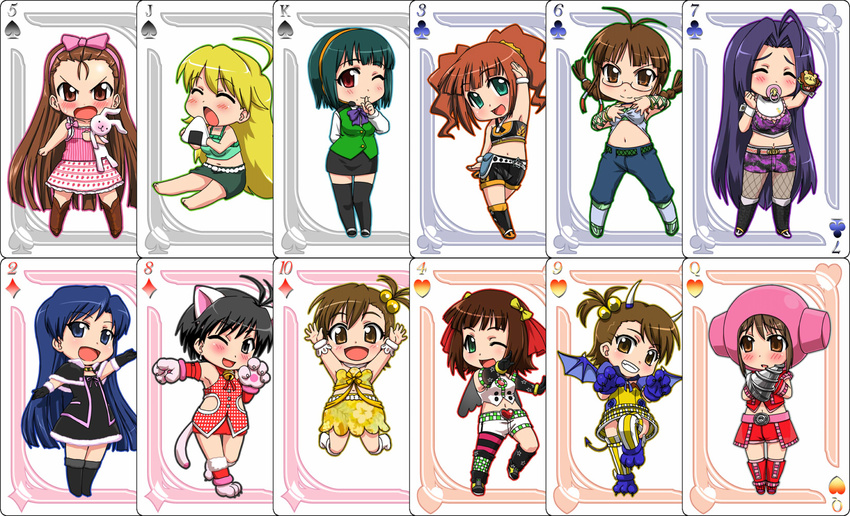 akizuki_ritsuko amami_haruka antenna_hair card card_(medium) chibi cool_&amp;_sexy_(idolmaster) cosmic_&amp;_funny_(idolmaster) cosplay cute_&amp;_girly_(idolmaster) drill everyone food futami_ami futami_mami hagiwara_yukiho highres hori_susumu hori_susumu_(cosplay) hoshii_miki idolmaster idolmaster_(classic) idolmaster_1 kikuchi_makoto kisaragi_chihaya minase_iori miura_azusa mr._driller multiple_girls onigiri otonashi_kotori pacifier takatsuki_yayoi thighhighs twintails zanzi