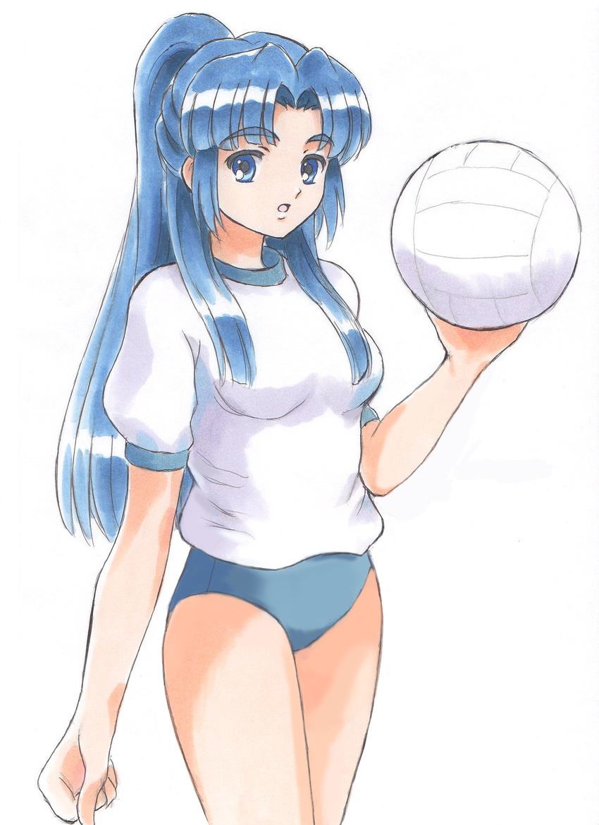 asakura_ryouko ball blue_eyes blue_hair blush buruma fujita_(speedlimit) gym_uniform highres long_hair ponytail solo suzumiya_haruhi_no_yuuutsu volleyball