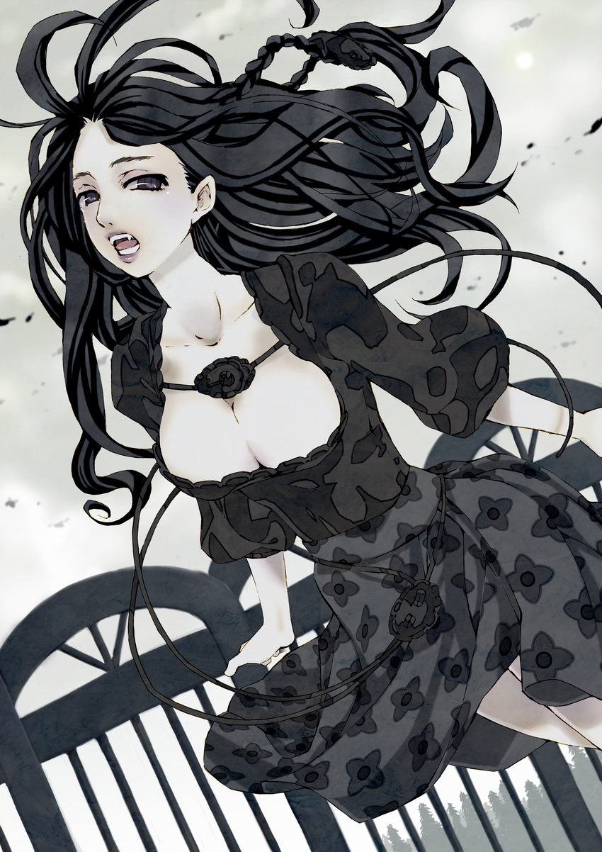 absurdres bad_id bad_pixiv_id black_hair braid breasts cleavage dress fangs floral_print highres large_breasts lipstick long_hair makeup nadashima_gy original purple_eyes purple_lipstick single_braid solo vampire very_long_hair wind