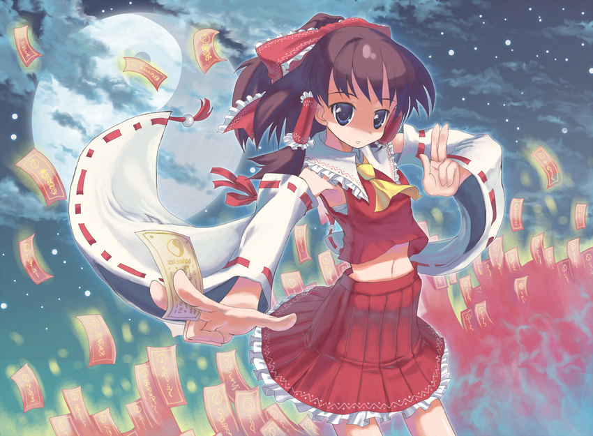 armpits bad_anatomy between_fingers blue_eyes bow brown_hair cloud crop_top full_moon hair_bow hair_tubes hakurei_reimu hands light_particles midriff miniskirt moon naox navel ofuda outstretched_arm ponytail ribbon short_hair skirt sky solo touhou yin_yang