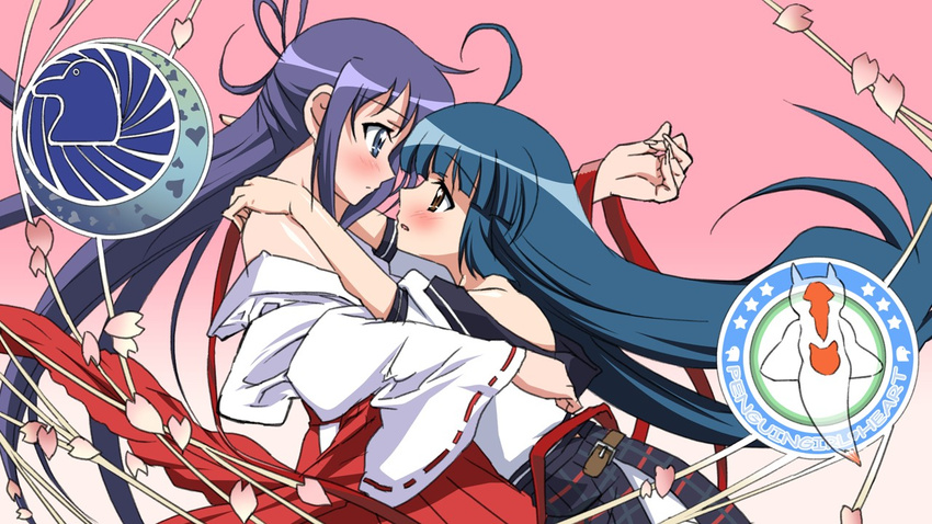 ahoge blue_eyes blue_hair blush brown_eyes eye_contact hakama hug japanese_clothes kurio_nene long_hair looking_at_another miko miko_embrace multiple_girls nankyoku_sakura parody penguin_musume purple_hair red_hakama sanshita sea_angel very_long_hair yuri