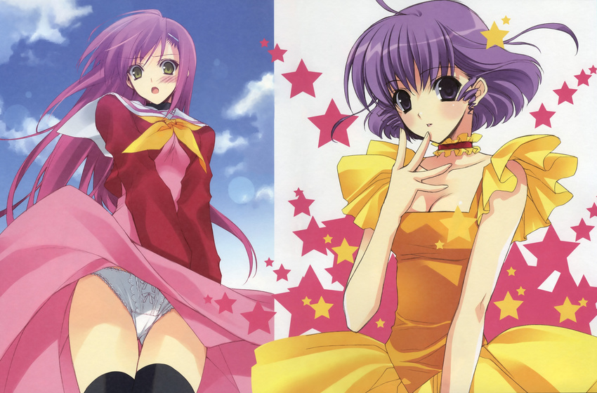 absurdres blush choker creamy_mami dress frills green_eyes hayate_no_gotoku! highres idol katsura_hinagiku leotard long_hair magical_girl mahou_no_tenshi_creamy_mami morisawa_yuu multiple_girls non-web_source panties pantyshot pink_hair purple_eyes purple_hair scan school_uniform serafuku star suzuhira_hiro thighhighs underwear white_panties wind wind_lift yellow_leotard