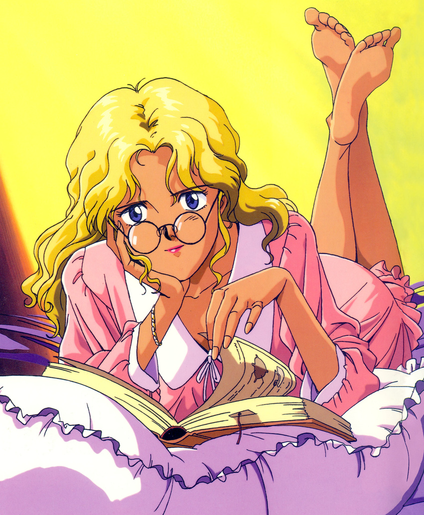 absurdres artist_request barefoot blonde_hair blue_eyes book electra feet fushigi_no_umi_no_nadia glasses highres leg_up lipstick looking_at_viewer lying makeup on_stomach solo the_pose