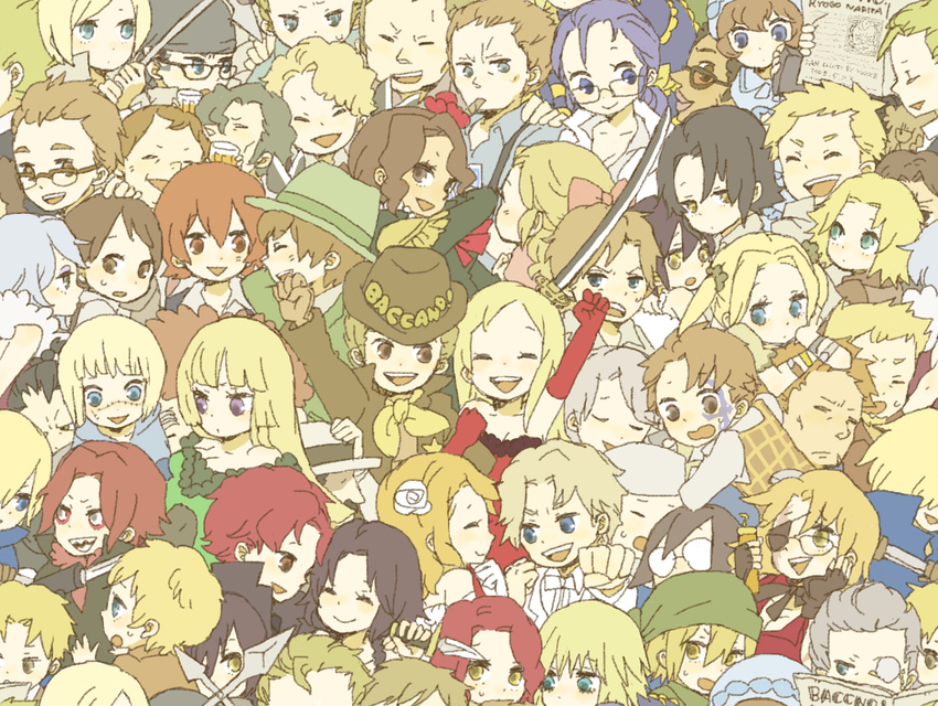 6+girls adele_(baccano!) baccano! bandana berga_gandor carol_(baccano) chainie chane_laforet character_request charon_walken christopher_shouldered claire_stanfield claudia_walken czeslaw_meyer elbow_gloves ennis eve_genoard everyone firo_prochainezo flower glasses gloves graham_spector gustav_st-germain hair_flower hair_ornament hat huey_laforet isaac_dian jacuzzi_splot keith_gandor ladd_russo lua_klein maria_barcelito miria_harvent monocle multiple_boys multiple_girls nice_holystone phil_(baccano!) rachel_(baccano!) riza_laforet sickle_(baccano) stitches sword tileable tock_jefferson weapon yukke