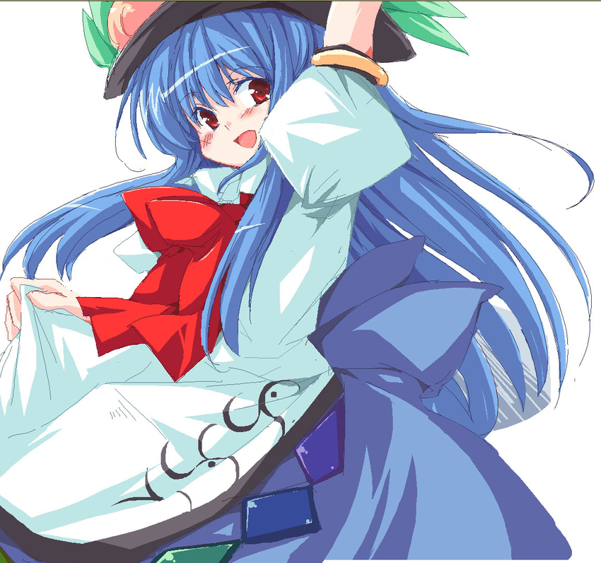 :d arm_up blue_hair blue_skirt blush bow bowtie food fruit hat hinanawi_tenshi imuraya_ayuka long_hair looking_at_viewer open_mouth peach puffy_short_sleeves puffy_sleeves rainbow_order red_bow red_eyes red_neckwear shirt short_sleeves skirt smile solo tareme touhou very_long_hair white_shirt