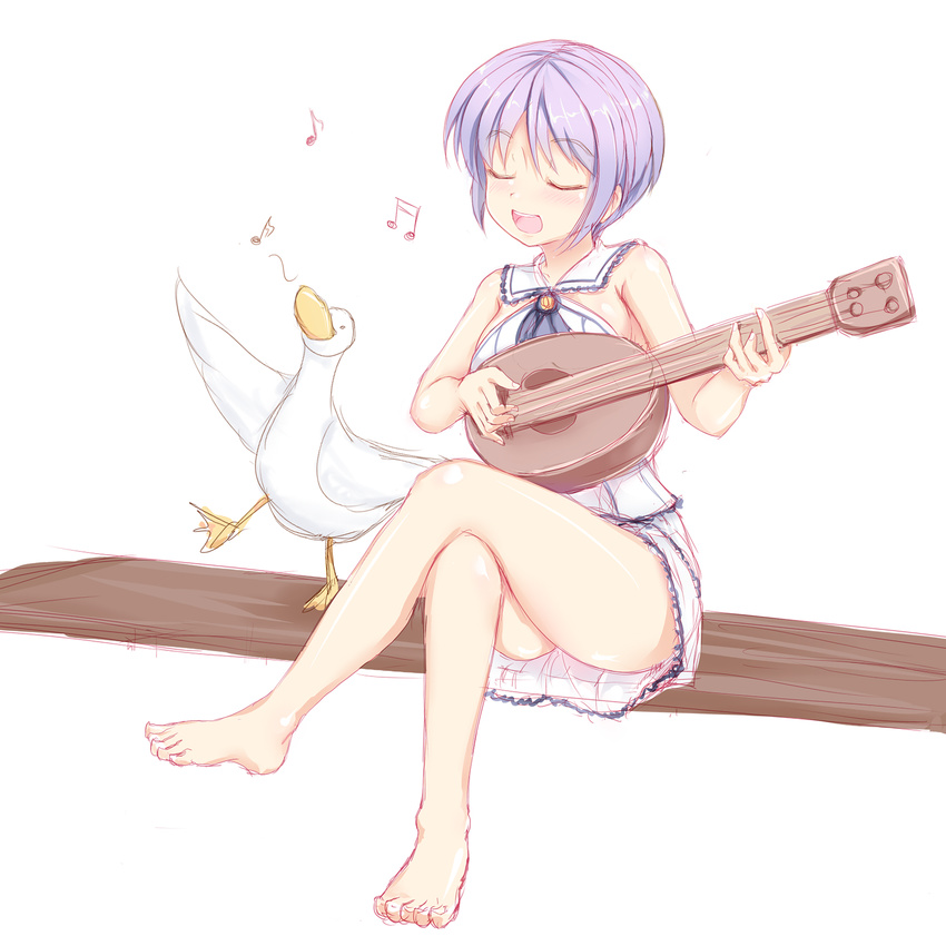 animal bare_legs bare_shoulders barefoot bird blush breasts closed_eyes crossed_legs dancing dress duck feet highres instrument lavender_hair lute_(instrument) medium_breasts minazuki_(jo) music musical_note open_mouth original purple_hair shamisen short_hair sideboob singing sitting sketch skirt sundress