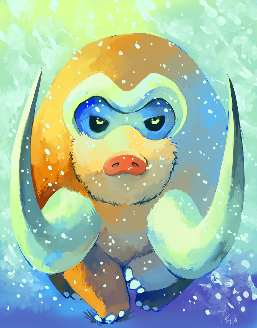 bad_deviantart_id bad_id commentary creature full_body gen_4_pokemon glitchedpuppet gradient gradient_background green_background highres looking_at_viewer mamoswine no_humans nostrils pokemon pokemon_(creature) serious signature snow snowing solo tusks walking yellow_eyes