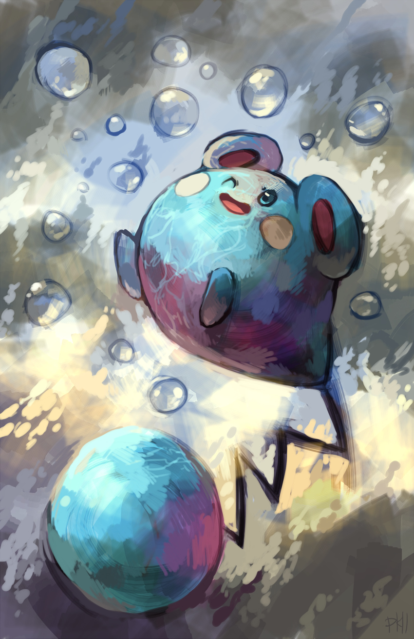 blue_eyes blue_skin bubble full_body gen_3_pokemon glitchedpuppet grey_background highres no_humans one_eye_closed pokemon pokemon_(creature) signature smile solo underwater water