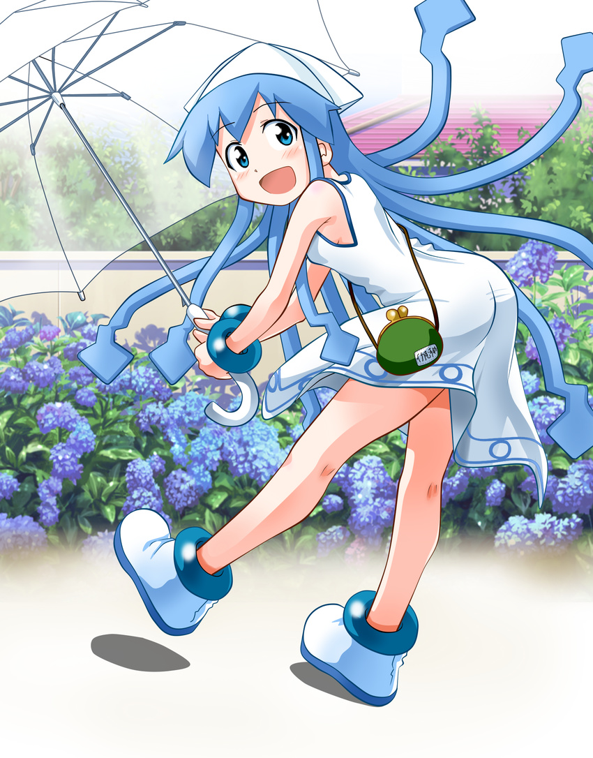 :d bag blue_eyes blue_hair bush dress flower handbag hat highres hydrangea ikamusume kneepits long_hair looking_back open_mouth rokushaku_neko shinryaku!_ikamusume smile solo tentacle_hair transparent transparent_umbrella umbrella