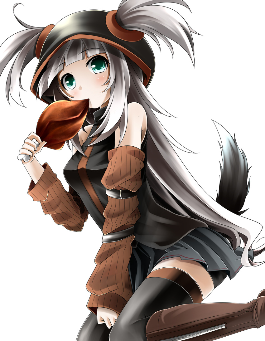 absurdres aqua_eyes arm_strap arm_warmers bangs bare_shoulders between_thighs bike_shorts black_legwear blunt_bangs blush boned_meat boots colorized derivative_work detached_sleeves dog_tail dutch_angle eating food freon_sacred_(mishima_kurone) hair_through_headwear highres hood hood_up koshi-kun long_hair meat original pleated_skirt shorts shorts_under_skirt silver_hair simple_background sitting skirt solo tail thighhighs wariza white_background