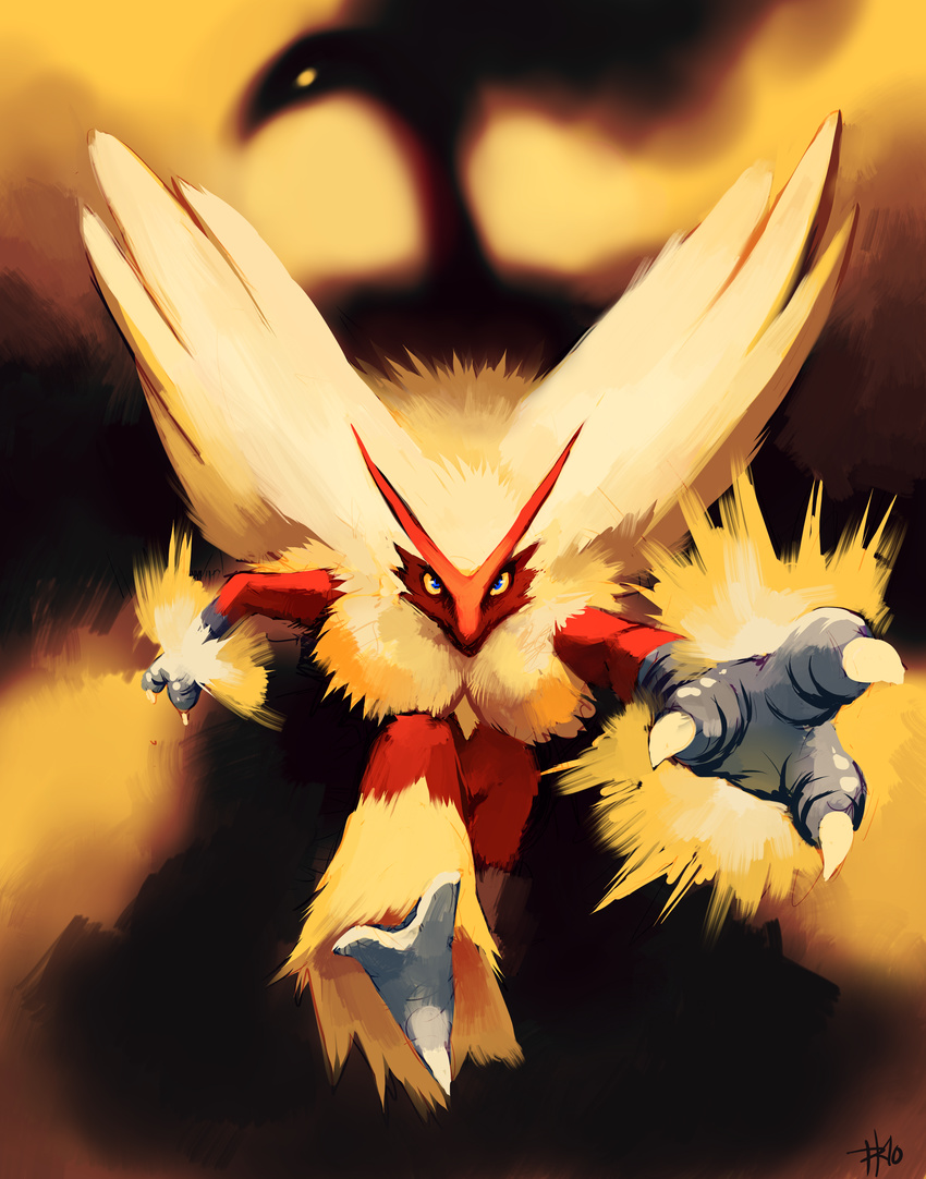 alliteration bad_deviantart_id bad_id blaziken blue_eyes claws commentary creature full_body gen_3_pokemon glitchedpuppet highres looking_at_viewer no_humans pokemon pokemon_(creature) running signature yellow_sclera