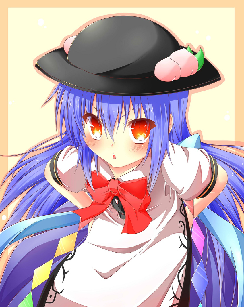 blue_hair blush border bow hat highres hinanawi_tenshi long_hair looking_at_viewer outline red_eyes solo touhou wakagi_repa