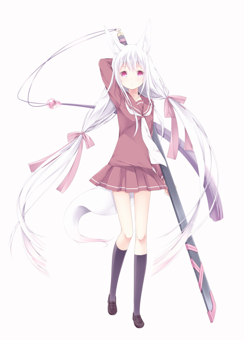 :&lt; animal_ears fox_ears highres long_hair original red_eyes ribbon sagami_rin school_uniform skirt solo sword tail very_long_hair weapon white_hair