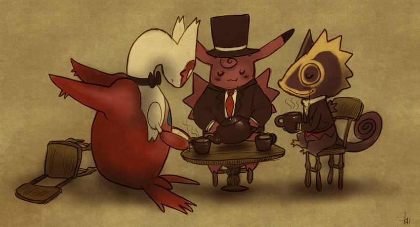 bad_deviantart_id bad_id bow bowtie chameleon clefable closed_eyes clothed_pokemon creature cup formal full_body gen_1_pokemon gen_3_pokemon glitchedpuppet hat highres holding kecleon kettle latias light_smile necktie no_humans not_shiny_pokemon pokemon pokemon_(creature) pouring sepia_background signature smile suit table tea top_hat