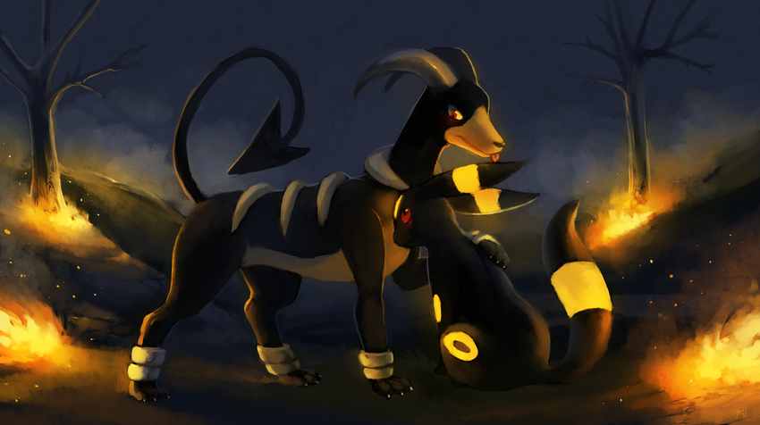 back bad_deviantart_id bad_id black burning claws commentary creature fire full_body gen_2_pokemon glitchedpuppet hand_on_back highres horns houndoom looking_at_viewer night night_sky no_humans pokemon pokemon_(creature) red_eyes sitting sky standing tongue tongue_out tree umbreon