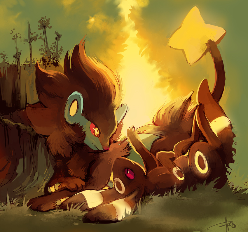 bad_deviantart_id bad_id commentary creature friends full_body gen_2_pokemon gen_4_pokemon glitchedpuppet highres huge_filesize luxray lying nature no_humans on_back paw_pose pink_eyes plant pokemon pokemon_(creature) red_sclera signature sky tree_stump umbreon yellow_eyes