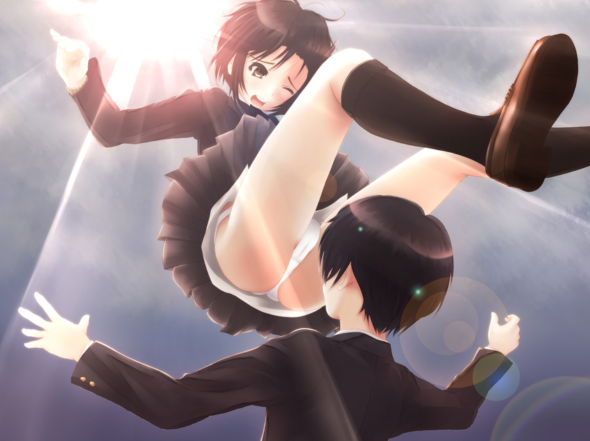 1girl amagami ass black_hair black_legwear blush brother_and_sister cameltoe highres kibito_high_school_uniform lens_flare light_rays long_legs long_sleeves one_eye_closed open_mouth panties peroshiti_aniki pleated_skirt school_uniform short_hair siblings skirt skirt_lift socks sunbeam sunlight tachibana_jun'ichi tachibana_miya underwear white_panties wince wind wind_lift