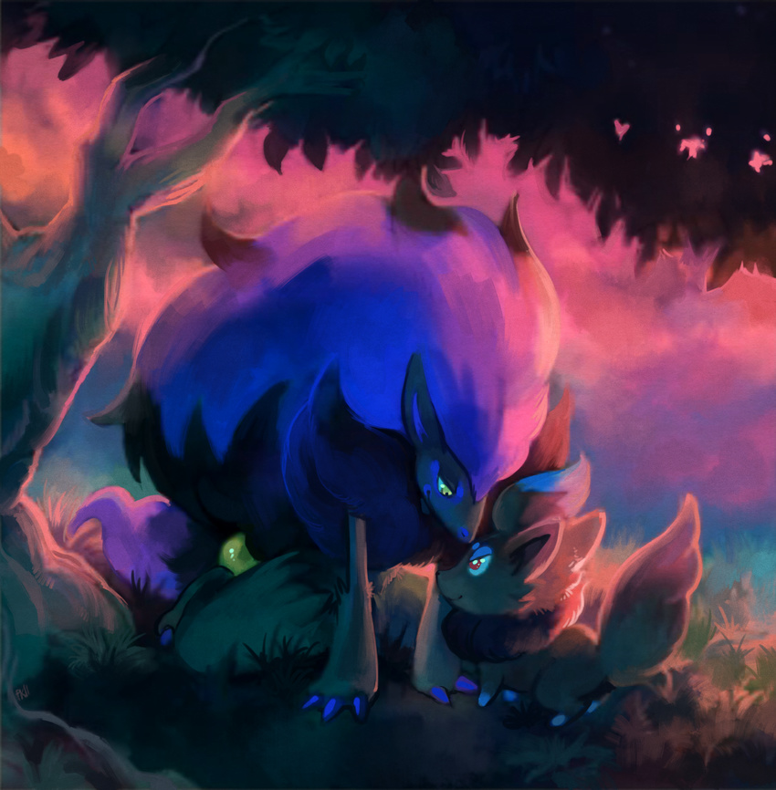 all_fours alternate_color bad_deviantart_id bad_id big_hair claws commentary creature eye_contact full_body gen_5_pokemon glitchedpuppet grass highres looking_at_another looking_down looking_up no_humans pokemon pokemon_(creature) purple_sky red_eyes shiny_pokemon smile tree yellow_eyes zoroark zorua