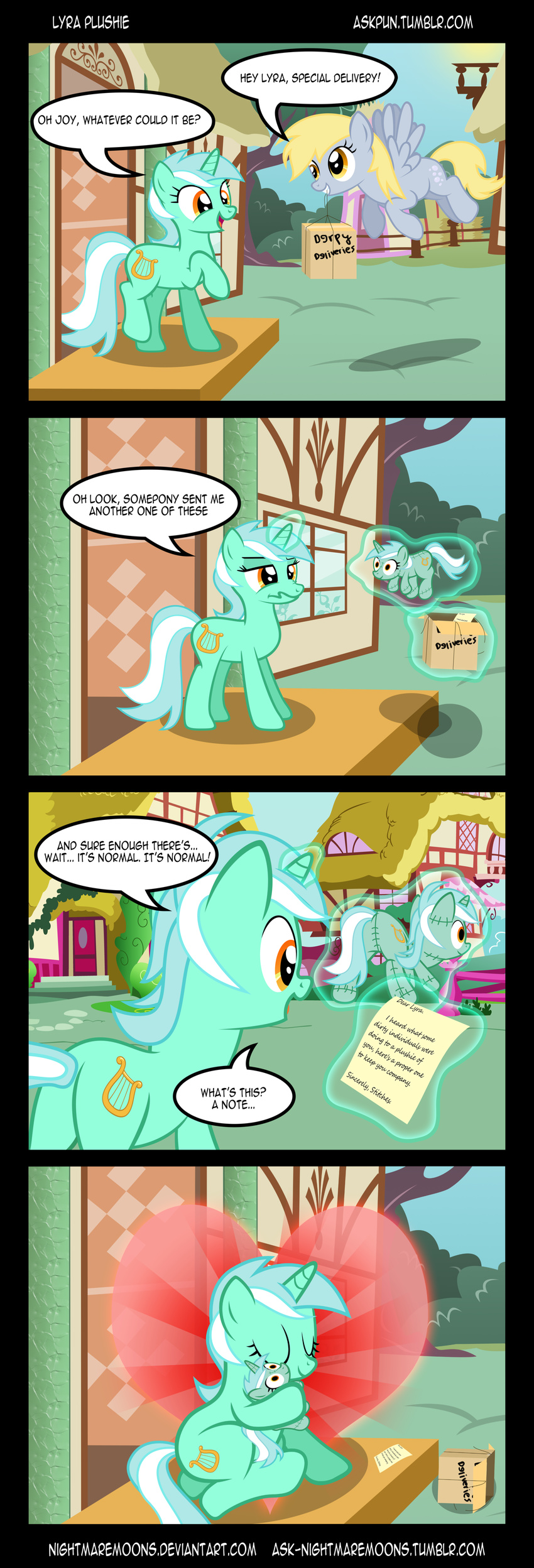 &hearts; blonde_hair comic cutie_mark derp derpy_hooves_(mlp) english_text equine female friendship_is_magic generation_4 gray_body green_body green_hair hair horn horse lyra_(mlp) mail my_little_pony nightmaremoons pegasus plushie pony toy two_color_hair unicorn wings yellow_eyes