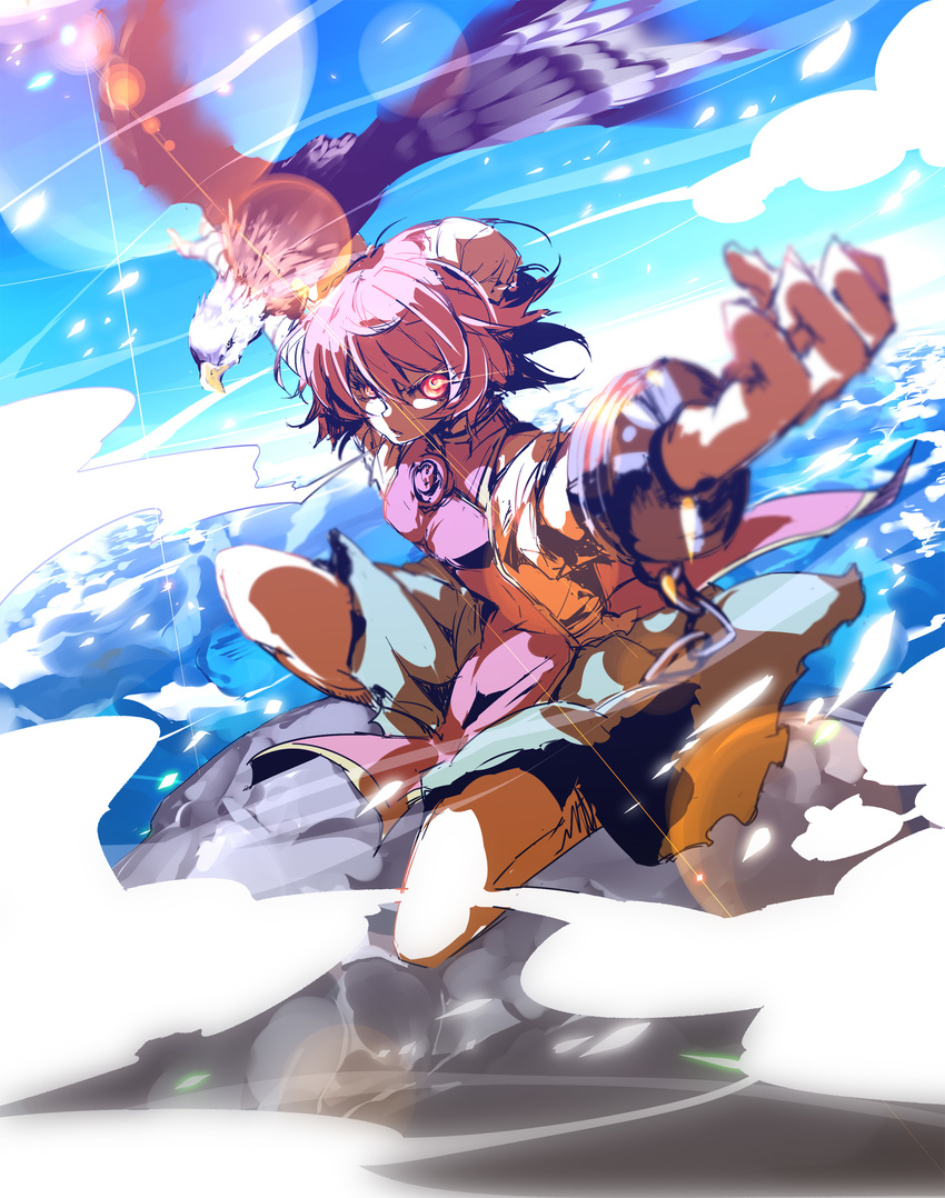bandages bird blurry chain cuffs depth_of_field double_bun eagle hands highres ibaraki_kasen neichiru outstretched_arm pink_hair red_eyes shackles skirt solo tabard touhou