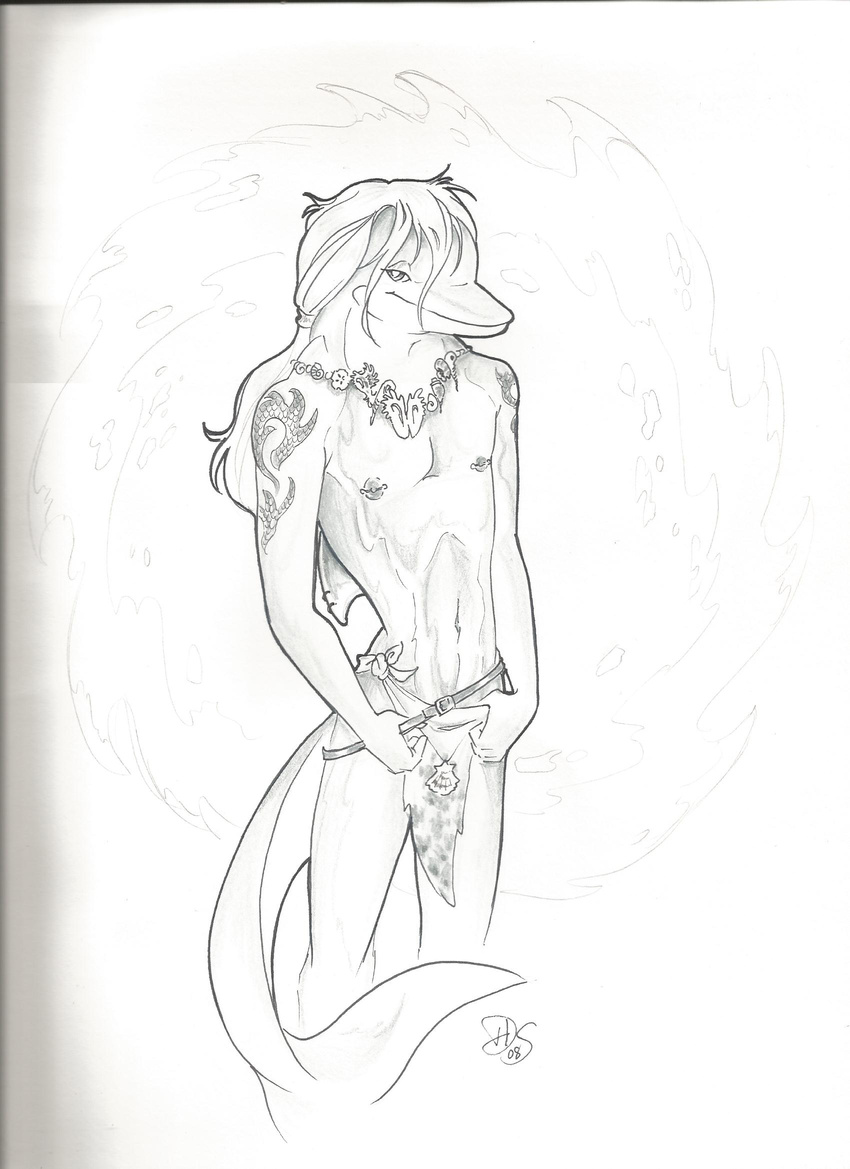 cetacean character dolphin greyscale loincloth looking_at_viewer male mammal marine monochrome partially_clothed piercing plain_background roland signature sketch solo tattoo topless white_background