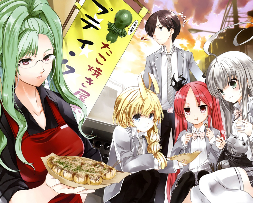 3girls ahoge antenna_hair black_eyes black_hair blonde_hair blue_eyes bow cthugha_(nyaruko-san) cthulhu food glasses green_eyes green_hair hair_bow haiyore!_nyaruko-san hastur_(nyaruko-san) huge_ahoge koin_(foxmark) luhy_distone multiple_boys multiple_girls necktie nyarlathotep_(nyaruko-san) official_art red_eyes red_hair school_uniform shantak_(nyaruko-san) silver_hair takoyaki thighhighs twintails wallpaper yasaka_mahiro