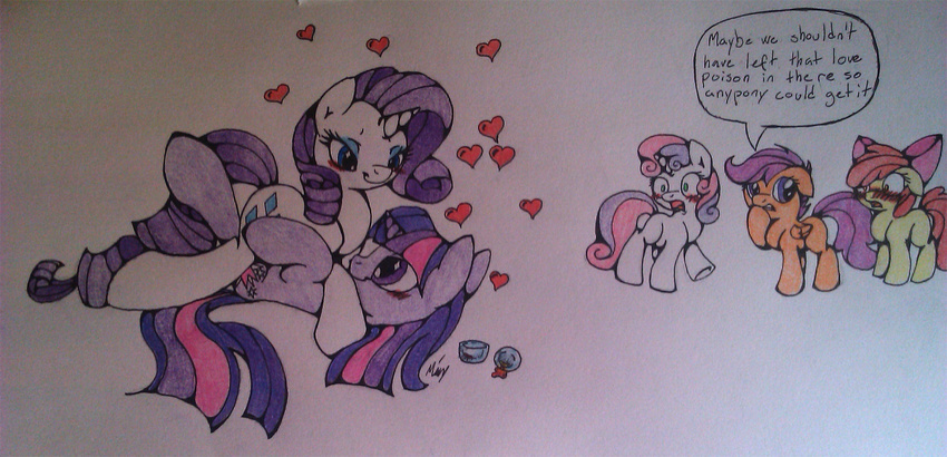 applebloom_(mlp) blush cub cutie_mark cutie_mark_crusaders_(mlp) drunk equine female feral friendship_is_magic group horn horse lesbian love mammal my_little_pony pegasus plain_background pony rarity_(mlp) scootaloo_(mlp) sibling sisters sonisk soniskbooster sweetie_belle_(mlp) twilight_sparkle_(mlp) unicorn white_background wings young