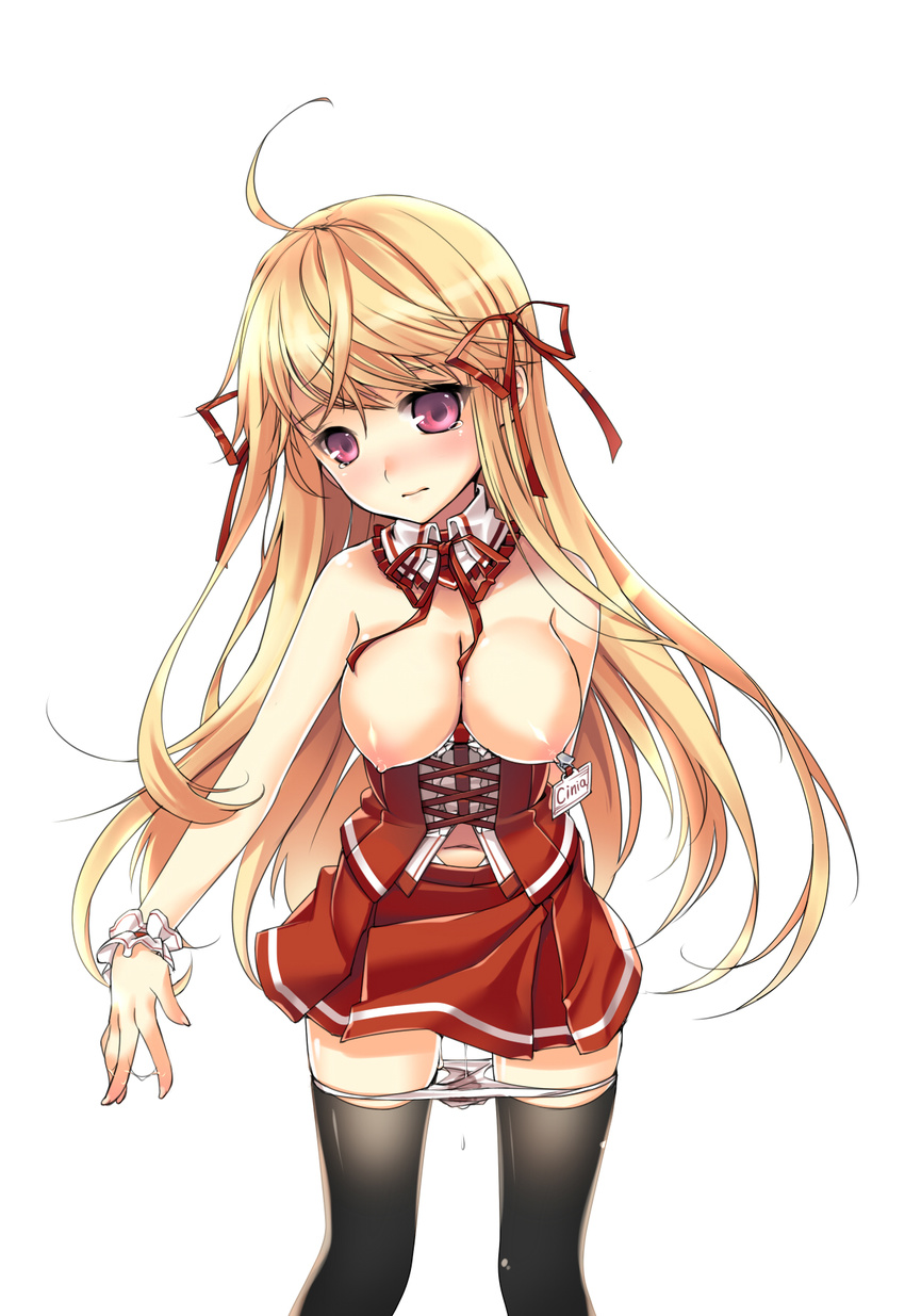 ahoge bad_id bad_pixiv_id bare_shoulders black_legwear blonde_hair blush breasts choker cinia_pacifica corset detached_collar frills hair_ribbon highres kuro_(kuronell) long_hair looking_at_viewer medium_breasts nipples panties panty_pull pleated_skirt pussy_juice pussy_juice_stain red_eyes ribbon skirt solo sword_girls tears thighhighs underwear wrist_cuffs