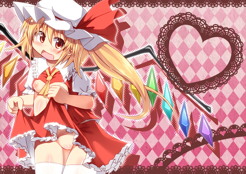 :d argyle argyle_background collar flandre_scarlet hat heart koizumi_hitsuji long_hair looking_at_viewer mob_cap open_mouth pussy red_skirt ribbon_trim side_ponytail simple_background skirt smile solo thighhighs touhou uncensored white_legwear