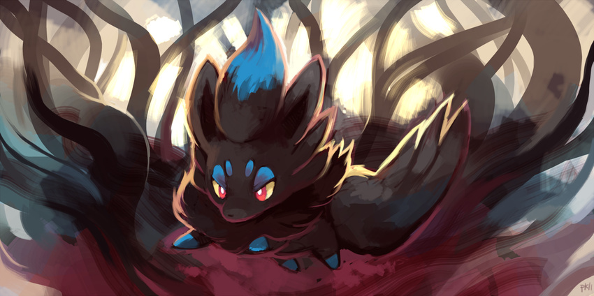 commentary creature full_body gen_5_pokemon glitchedpuppet jumping no_humans pokemon pokemon_(creature) red_eyes shiny_pokemon signature solo yellow_sclera zorua