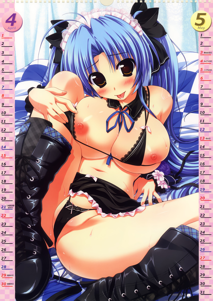 absurdres antenna_hair april bare_shoulders bikini_top black_panties blue_hair blush boots bow bow_panties breast_slip breasts brown_eyes calendar_(medium) cleavage cross-laced_footwear highres kamikaze_explorer! knee_boots large_breasts leg_lift long_hair lying maid_headdress may miniskirt nipples okihara_kotoha oshiki_hitoshi panties scan skirt solo string_panties sweat tongue twintails underwear wrist_cuffs