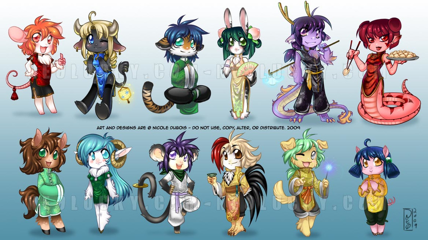 2009 antlers avian bird blue_eyes blue_hair bovine brown_hair chibi chicken cow dragon everyone fan female goat green_eyes green_hair group hair horn japanese_clothing jewelry kimono male monkey mouse multiple_characters neolucky purple_eyes purple_hair ram red_eyes red_hair rodent snake watermark yellow_eyes zodiac