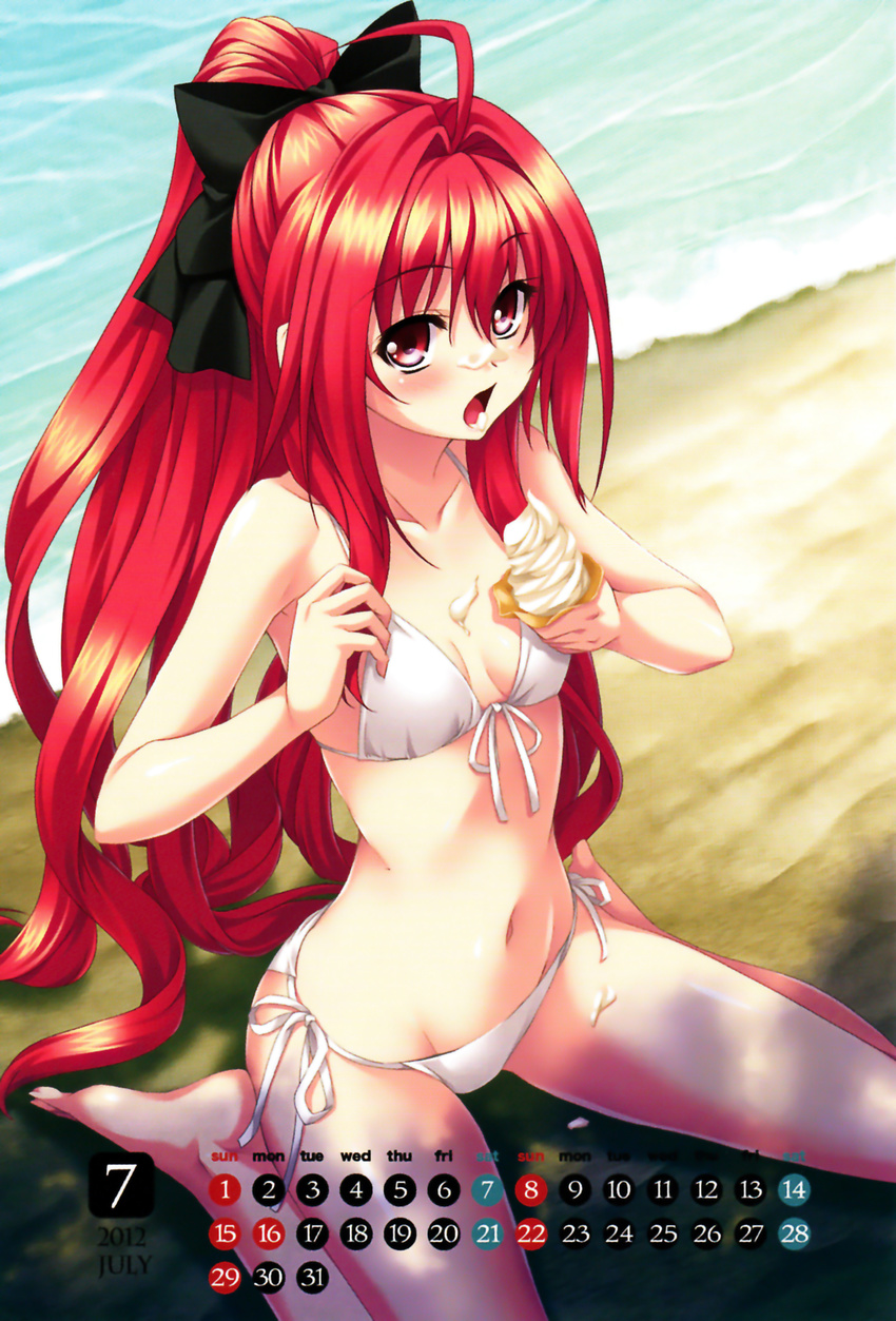 2012 absurdres ahoge bare_legs bare_shoulders barefoot beach bikini bow breasts calendar_(medium) cleavage corticarte_apa_lagranges food food_on_face front-tie_top hair_bow highres ice_cream july kannatsuki_noboru long_hair navel official_art open_mouth ponytail red_eyes red_hair scan sexually_suggestive shinkyoku_soukai_polyphonica side-tie_bikini sitting small_breasts solo swimsuit wariza white_bikini